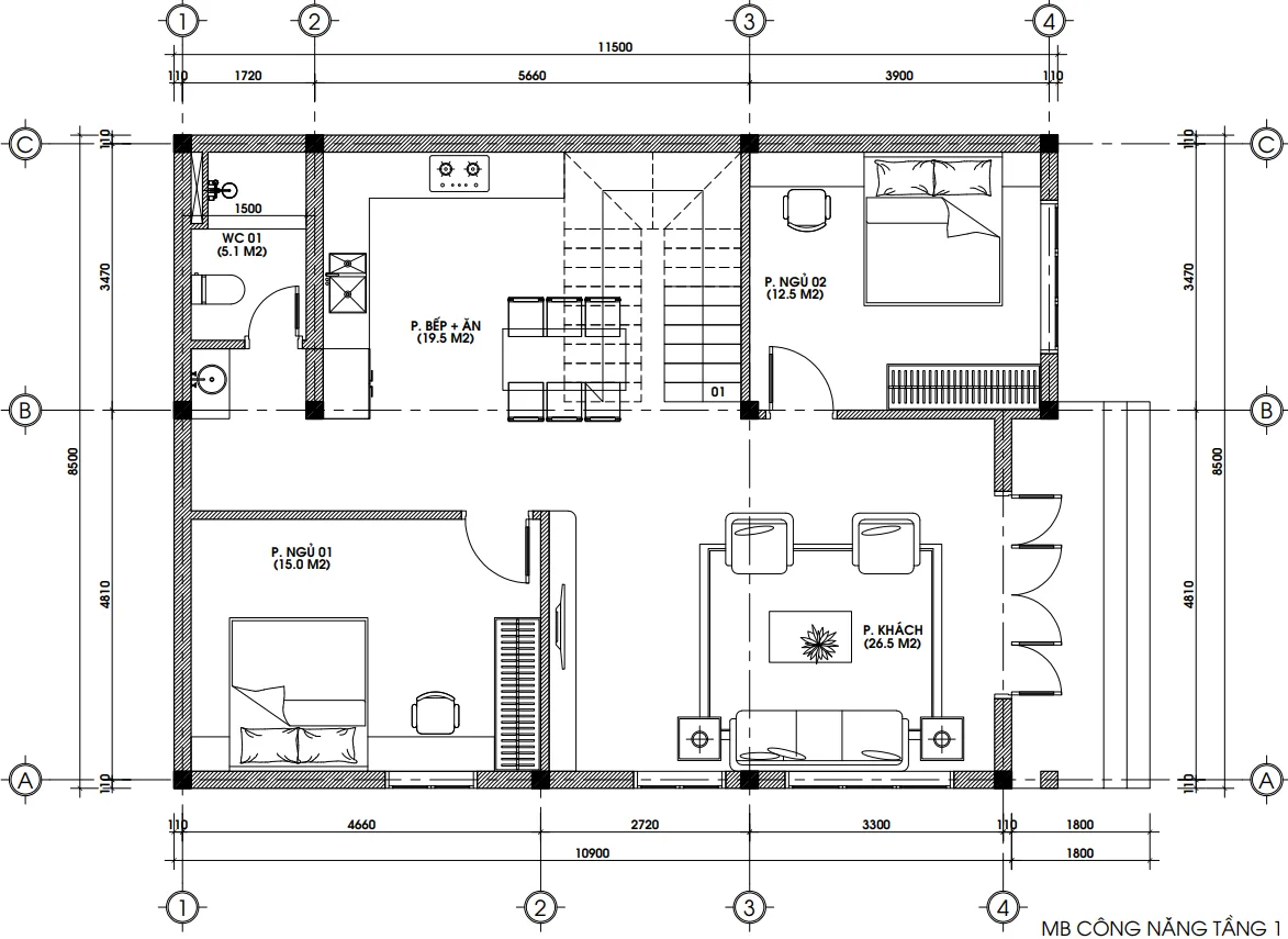 Bản vẽ công năng tầng 1 diện tích 102 m2 mẫu nhà 2 tầng mái bằng hiện đại tại Đan Phượng.