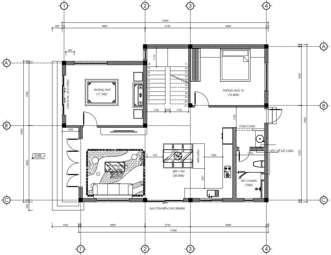 Bản vẽ bố trí công năng tầng 1 mẫu nhà 2 tầng mái bằng hiện đại diện tích 120m2 của anh Hùng.