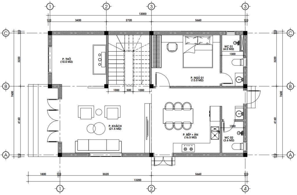 Bản vẽ bố trí công năng tầng 1 mẫu nhà 2 tầng hiện đại diện tích 95m2 có phòng thờ.