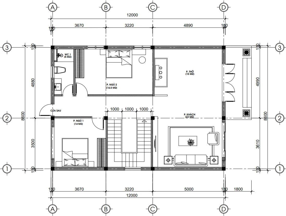 Bản vẽ bố trí công năng tầng 1 mẫu nhà 2 tầng mái Nhật tại Bắc Ninh diện tích 111m2 có phòng thờ. 
