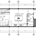 Bản vẽ bố trí công năng tầng 1 mẫu nhà gác lửng hiện đại 80m2 gồm khách, bếp và 1 phòng ngủ.
