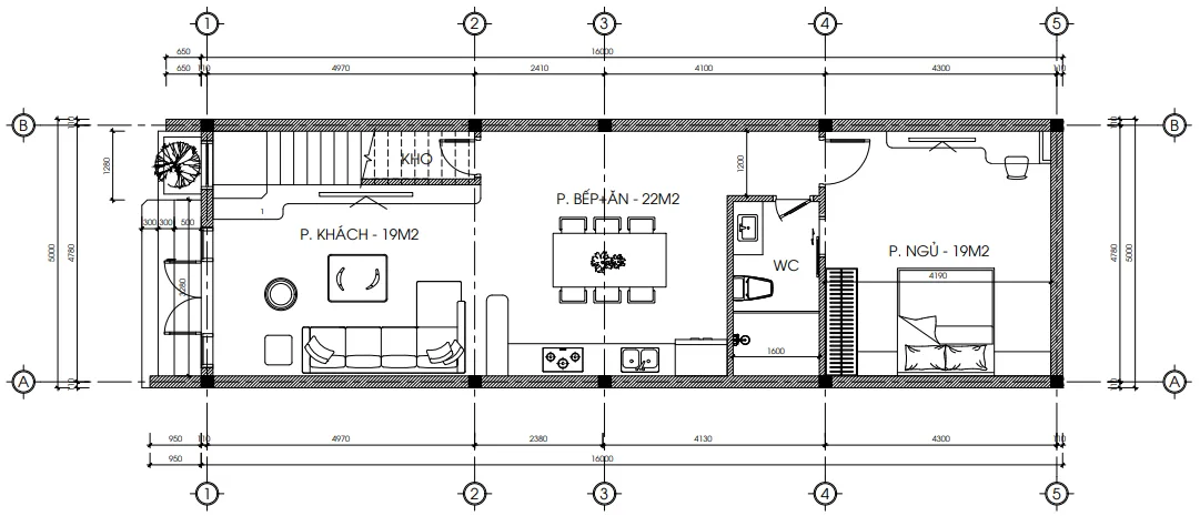 Bản vẽ bố trí công năng tầng 1 mẫu nhà gác lửng hiện đại 80m2 gồm khách, bếp và 1 phòng ngủ.