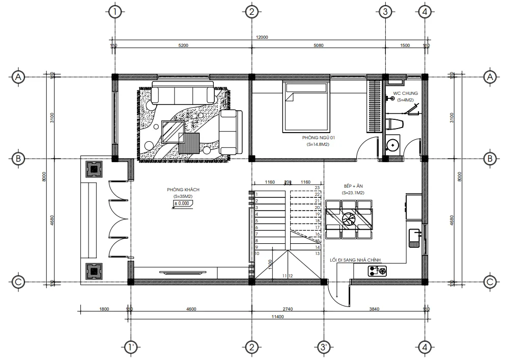 Bản vẽ bố trí công năng tầng 1 mẫu nhà mái Nhật 2 tầng đẹp diện tích 101m2