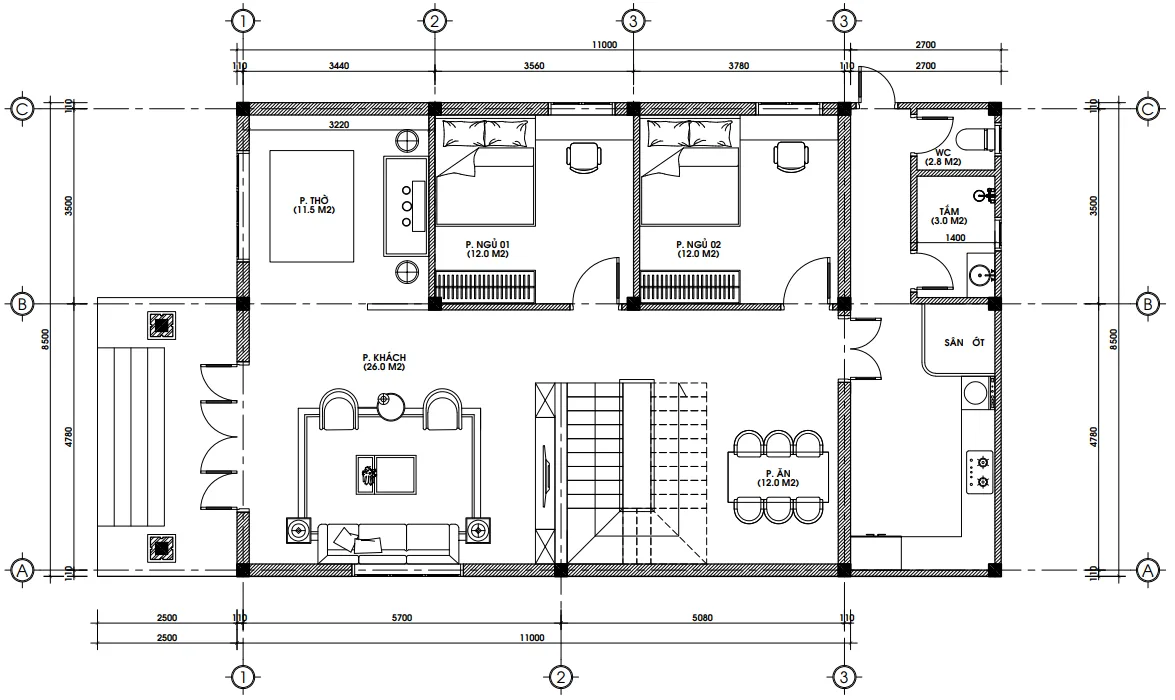 Bản vẽ công năng tầng 1 diện tích 115m2 gồm phòng khách 26m2 và 2 phòng ngủ.