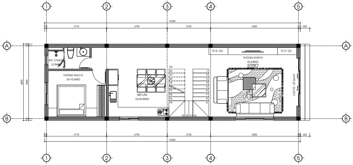 Bản vẽ bố trí công năng tầng 1 mẫu nhà ống 2 tầng 1 tum hiện đại diện tích 77m2 của Techhome.