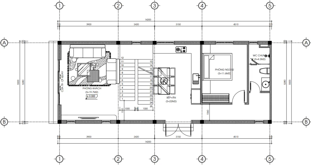 Bản vẽ bố trí công năng tầng 1 diện tích 81m2 mẫu nhà ống 2 tầng hiện đại của anh Dương.