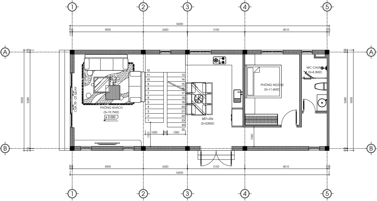Bản vẽ bố trí công năng tầng 1 diện tích 81m2 mẫu nhà ống 2 tầng hiện đại của anh Dương.