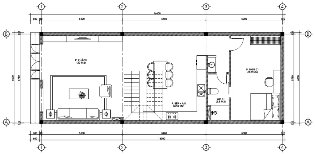 Bản vẽ bố trí công năng tầng 1 mẫu nhà ống 3 tầng hiện đại chiều cao 4.1m với 25 bậc thang.