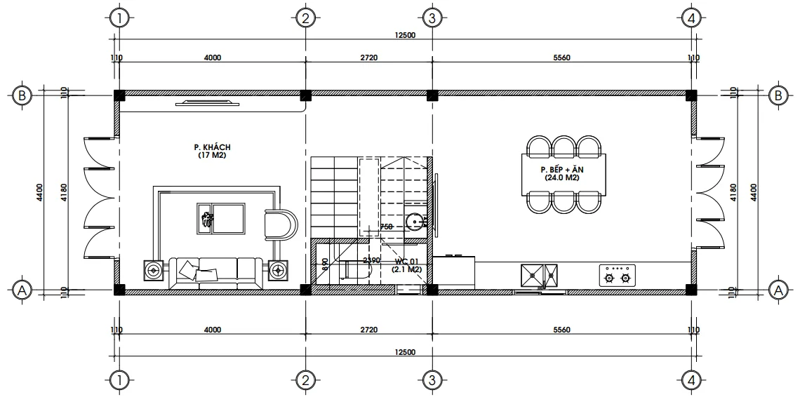 Bản vẽ chi tiết mặt bằng công năng tầng 1 mẫu nhà ống 3 tầng đẹp diện tích 55m2.