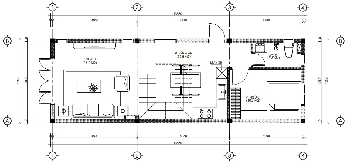 Bản vẽ bố trí công năng tầng 1 mẫu nhà ống 3 tầng hiện đại diện tích 61m2.
