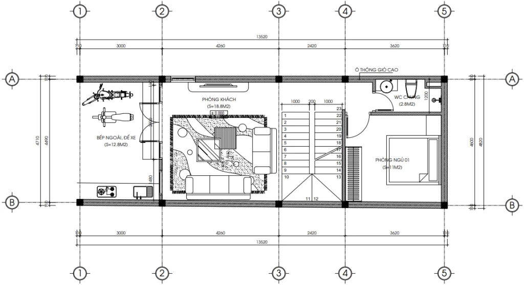 Bản vẽ bố trí công năng tầng 1 mẫu nhà ống 3 tầng hiện đại diện tích 64$m^2$ gồm phòng khách, bếp và 1 phòng ngủ.