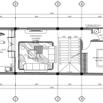 Bản vẽ bố trí công năng tầng 1 mẫu nhà ống 3 tầng hiện đại diện tích 64$m^2$ gồm phòng khách, bếp và 1 phòng ngủ.