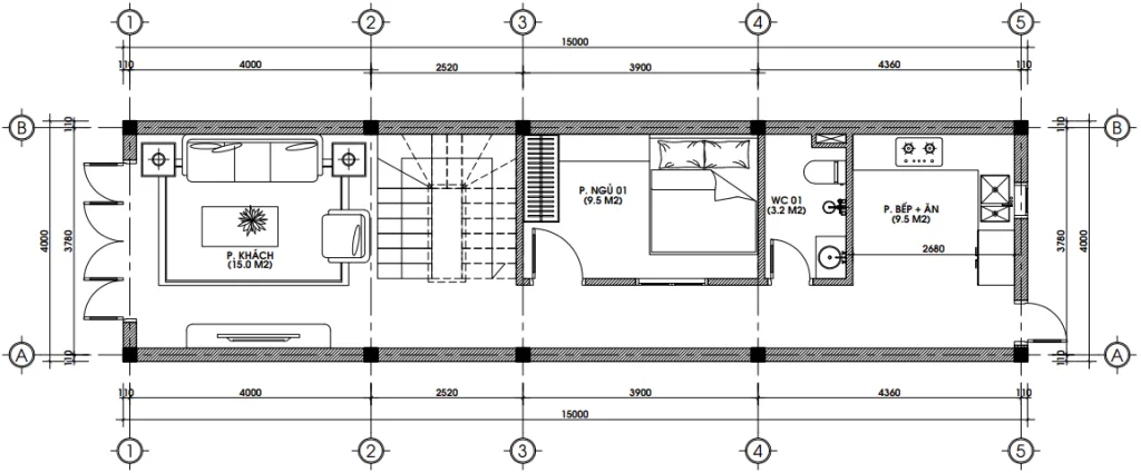 Bản vẽ bố trí công năng tầng 1 mẫu nhà ống 2 tầng 4x15m có phòng ngủ dưới