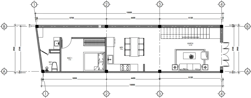 Bản vẽ mặt bằng công năng tầng 1 mẫu nhà ống 2 tầng hiện đại diện tích 61m2.