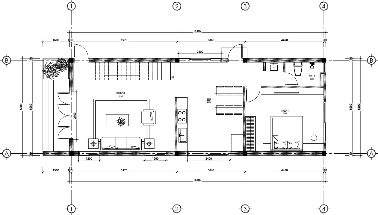 Bản vẽ bố trí công năng tầng 1 mẫu nhà ống 2 tầng hiện đại diện tích 80m2 của Techhome.