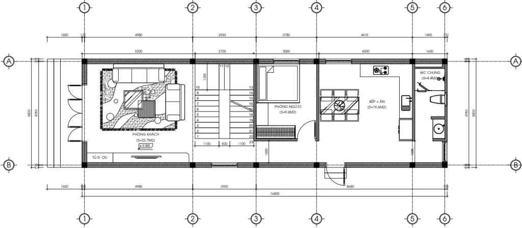 Bản vẽ bố trí công năng tầng 1 mẫu nhà ống 2 tầng 4 phòng ngủ diện tích 92m2.