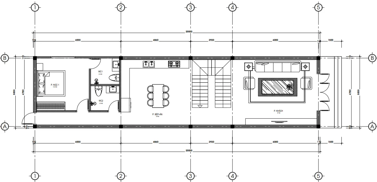 Bản vẽ chi tiết bố trí công năng tầng 1 mẫu nhà phố 2 tầng hiện đại diện tích 107m2 với phòng khách rộng.