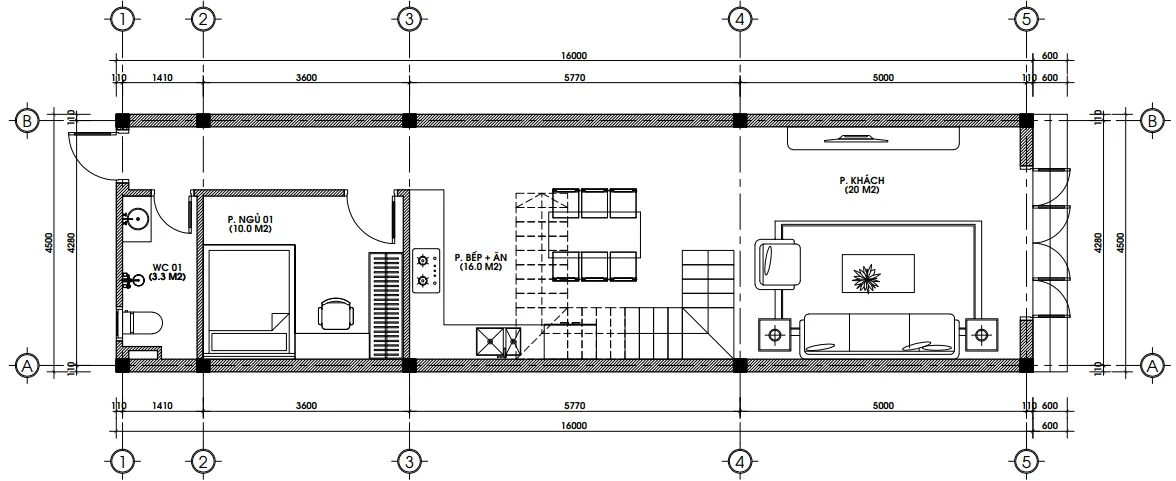 Bản vẽ mặt bằng tầng 1 mẫu nhà phố 2 tầng hiện đại gồm phòng khách, bếp và 1 phòng ngủ.