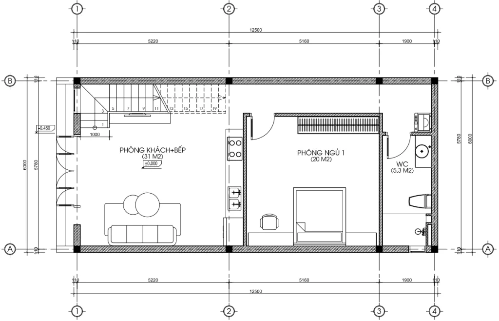 Bản vẽ bố trí công năng tầng 1 mẫu nhà phố 2 tầng hiện đại có phòng khách và bếp rộng 31m2