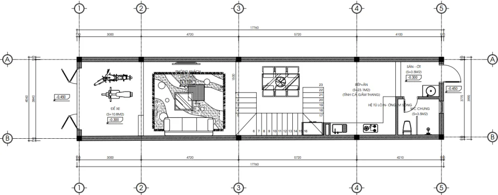 Bản vẽ bố trí công năng tầng 1 mẫu nhà phố 3 tầng hiện đại diện tích thiết kế 71m2.