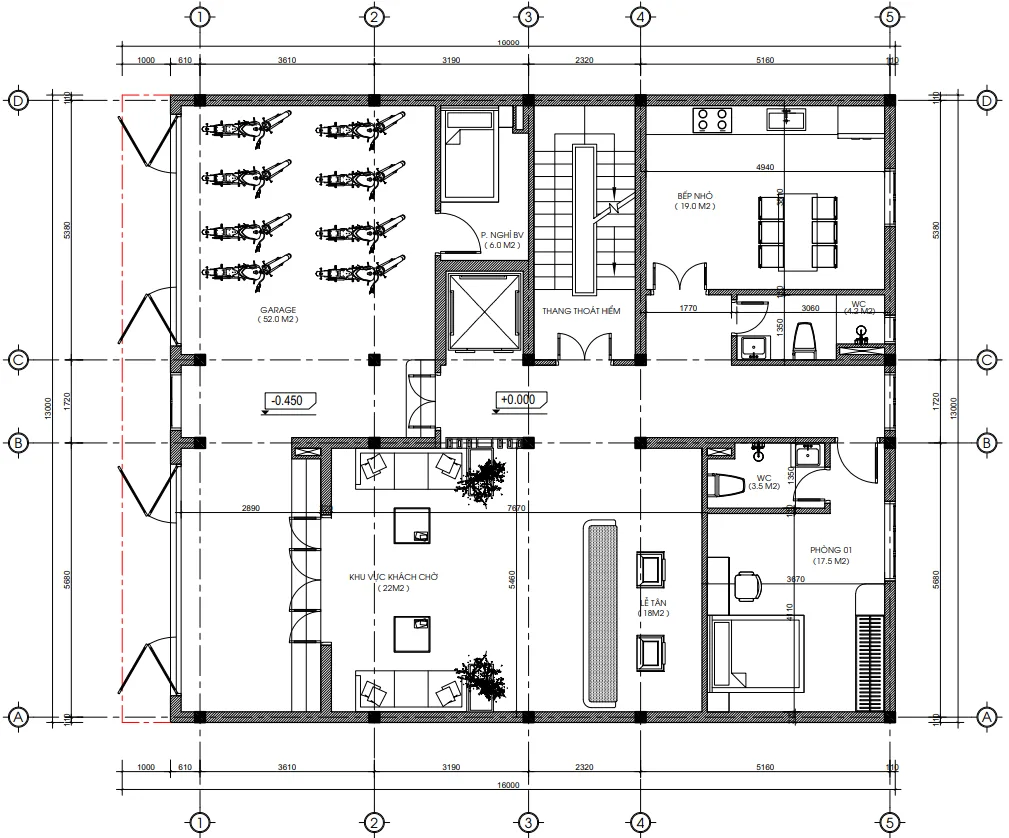 Bản vẽ mặt bằng công năng tầng 1 mẫu nhà phố tân cổ điển 4 tầng kết hợp khu vực kinh doanh.