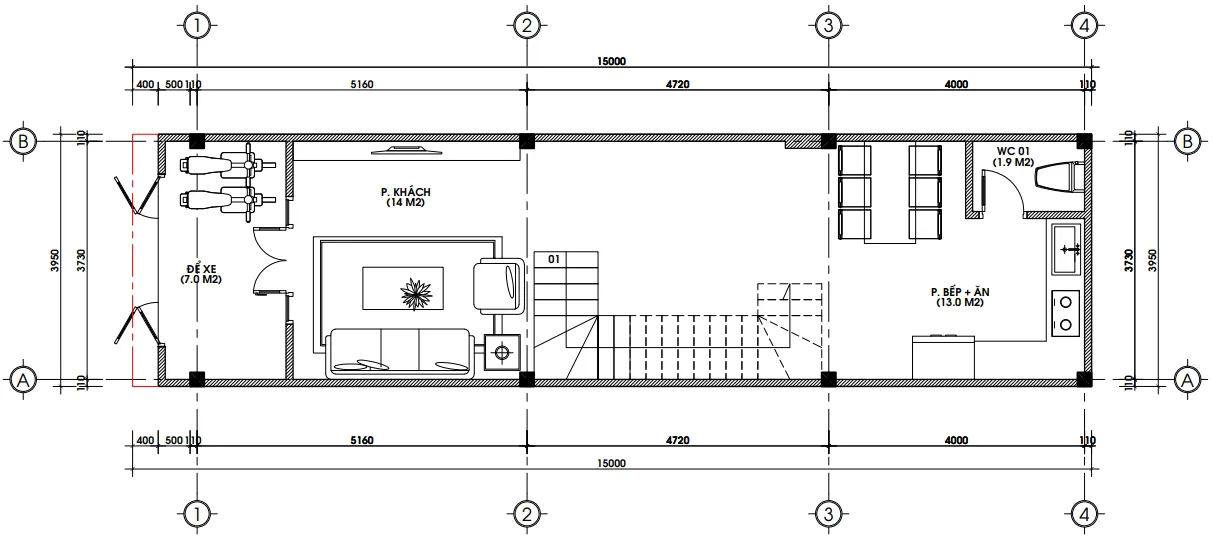 Bản vẽ mặt bằng tầng 1 mẫu nhà phố 4x15m gồm khu để xe, phòng khách và bếp ăn hiện đại.