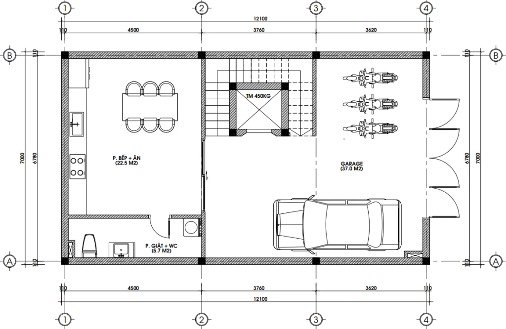 Bản vẽ bố trí công năng tầng 1 mẫu nhà phố tân cổ điển 5 tầng diện tích 91m2 có gara.
