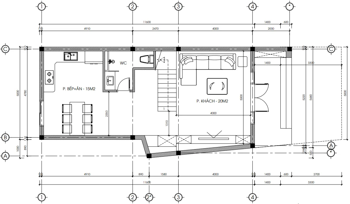 Bản vẽ mặt bằng tầng 1 mẫu nhà phố tân cổ điển 3 tầng diện tích 65m2 gồm phòng khách và bếp ăn.