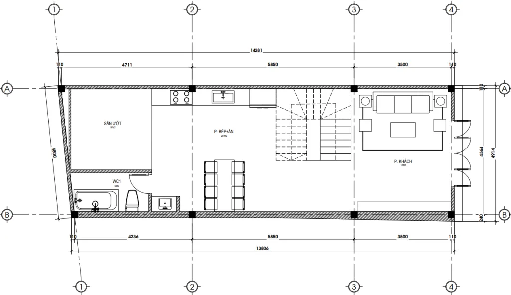 Bản vẽ chi tiết mặt bằng công năng tầng 1 mẫu nhà phố 3 tầng hiện đại diện tích 70m2.