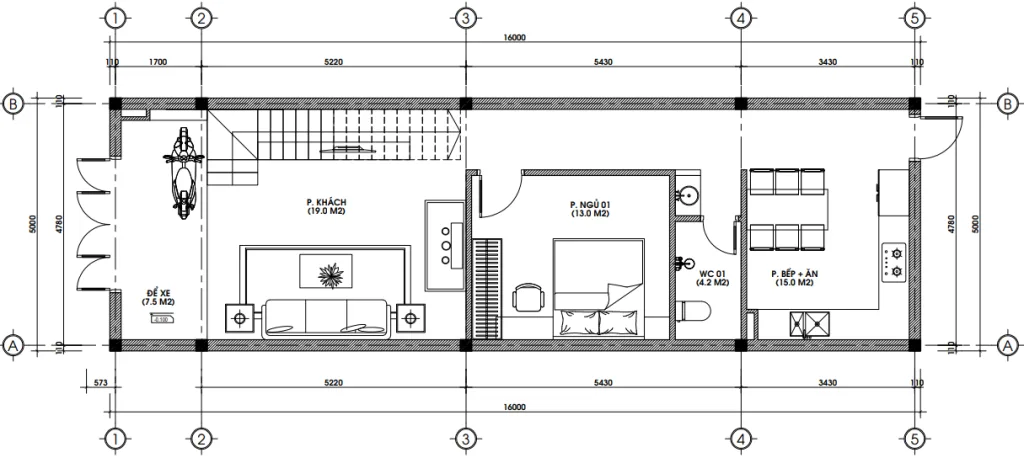 Bản vẽ mặt bằng công năng tầng 1 mẫu nhà phố 2 tầng hiện đại diện tích 80m2 gồm phòng khách và 1 phòng ngủ.