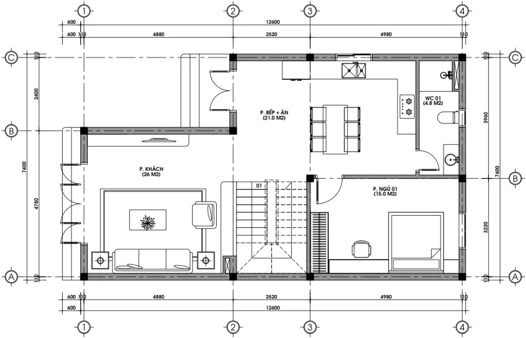 Bản vẽ mặt bằng công năng tầng 1 mẫu nhà phố 2 tầng hiện đại diện tích 85m2.