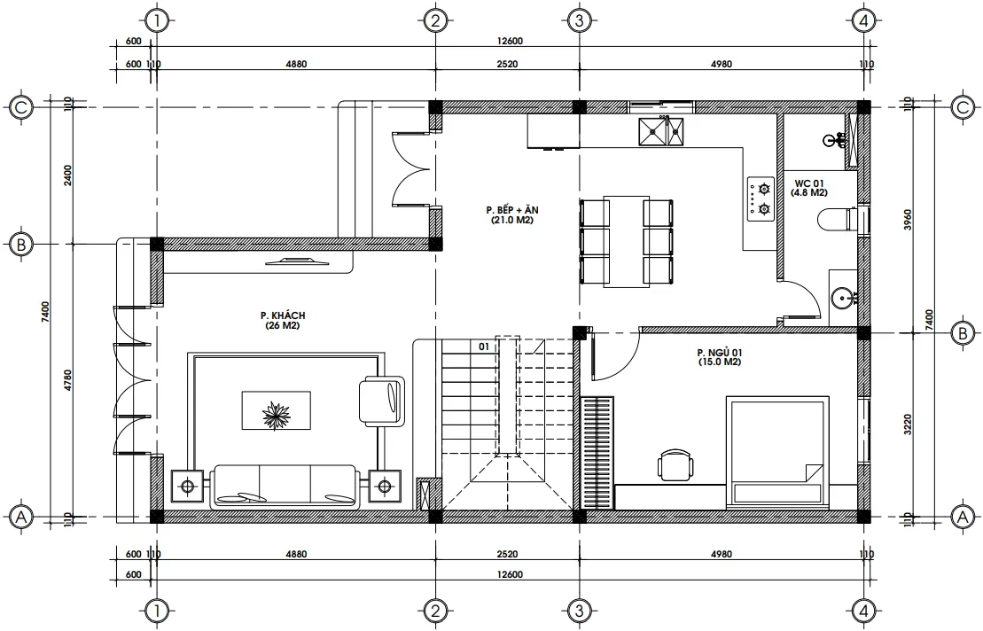 Bản vẽ mặt bằng công năng tầng 1 mẫu nhà phố 2 tầng hiện đại diện tích 85m2.