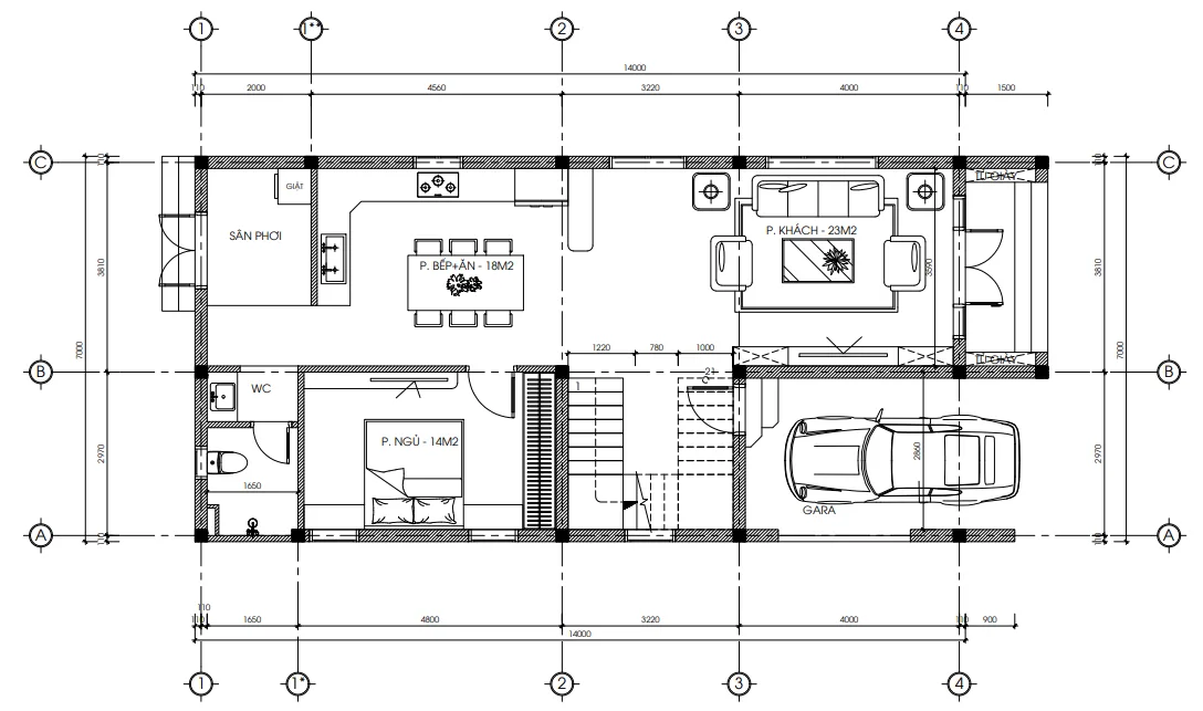 Bản vẽ chi tiết công năng tầng 1 mẫu nhà phố 2 tầng hiện đại có gara và phòng khách 23m2