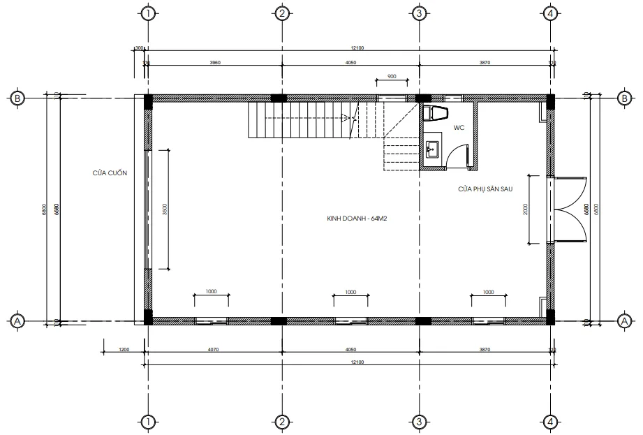 Bản vẽ bố trí công năng tầng 1 diện tích 80m2 với khu vực kinh doanh 64m2.