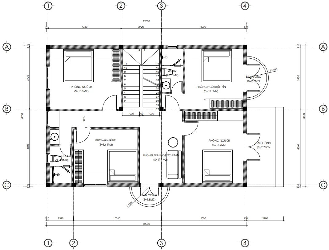 Bản vẽ chi tiết công năng tầng 2 mẫu biệt thự tân cổ điển 2 tầng diện tích 119m2.