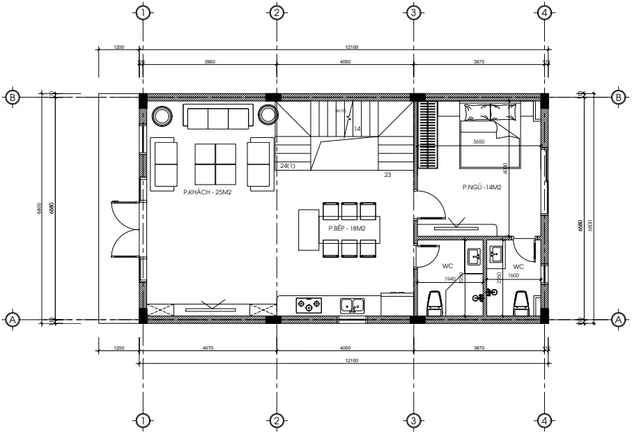 Bản vẽ bố trí công năng tầng 2 diện tích 80m2 với phòng khách, bếp và ngủ.