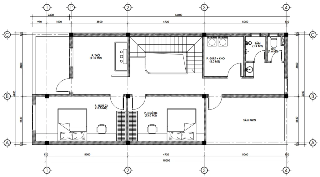 Bản vẽ bố trí công năng tầng 2 mẫu nhà 2 tầng 4 phòng ngủ diện tích 100m2