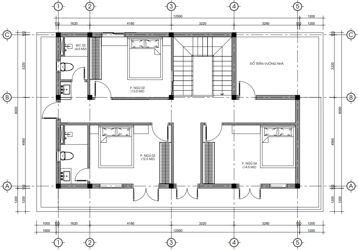 Bản vẽ mặt bằng công năng tầng 2 mẫu nhà 2 tầng hiện đại 100m2 gồm 3 phòng ngủ.