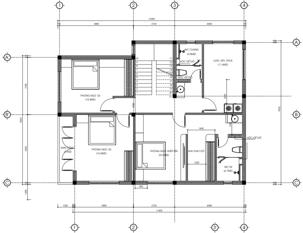 Bản vẽ bố trí công năng tầng 2 mẫu nhà 2 tầng mái bằng hiện đại diện tích 118m2 của anh Hùng.