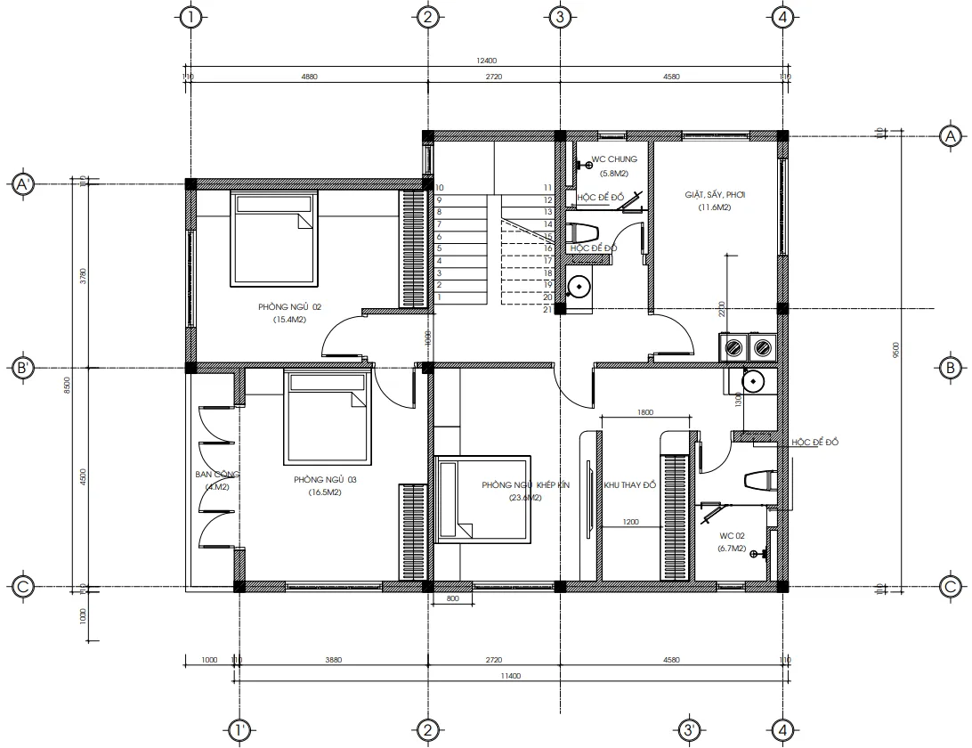 Bản vẽ bố trí công năng tầng 2 mẫu nhà 2 tầng mái bằng hiện đại diện tích 118m2 của anh Hùng.