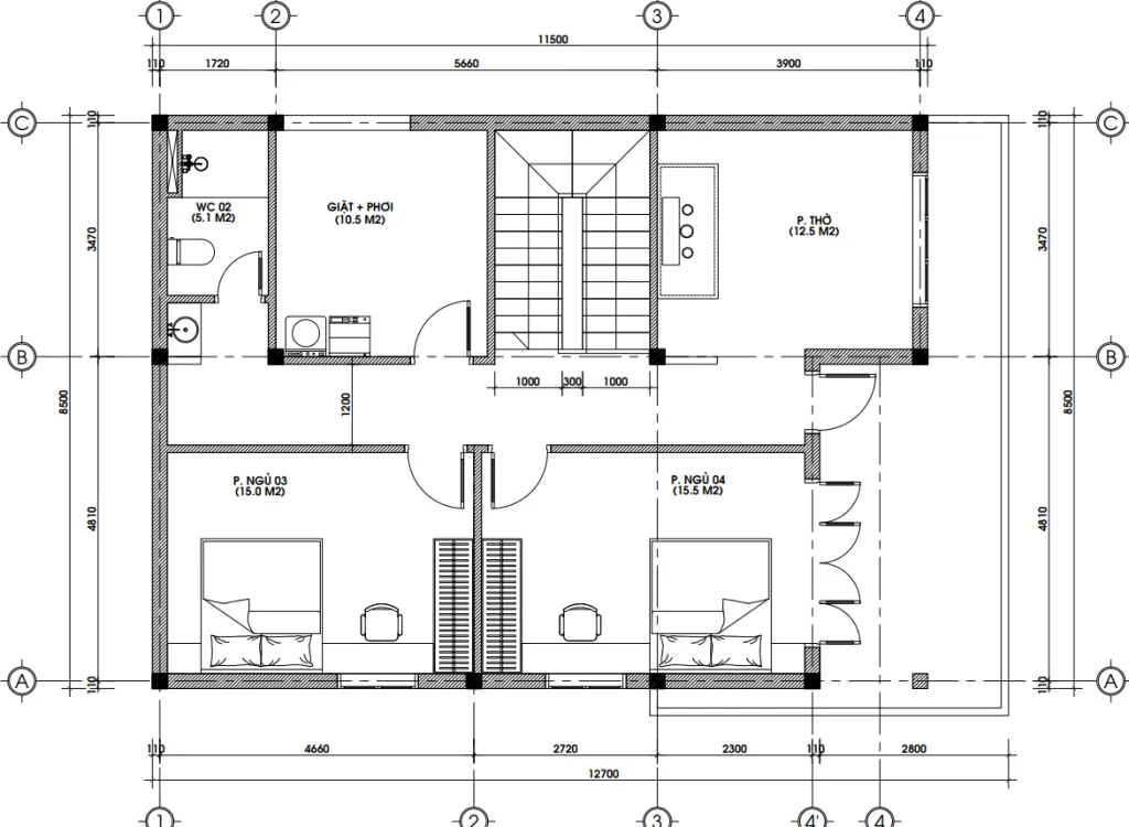 Bản vẽ công năng tầng 2 diện tích 90m2 mẫu nhà 2 tầng mái bằng hiện đại tại Đan Phượng.