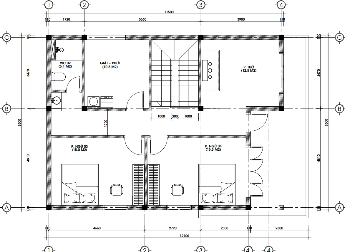 Bản vẽ công năng tầng 2 diện tích 90m2 mẫu nhà 2 tầng mái bằng hiện đại tại Đan Phượng.