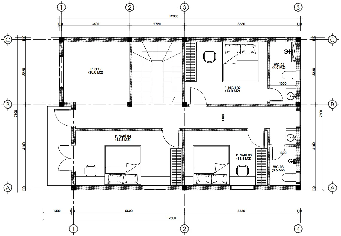 Bản vẽ bố trí công năng tầng 2 mẫu nhà 2 tầng hiện đại diện tích 90m2