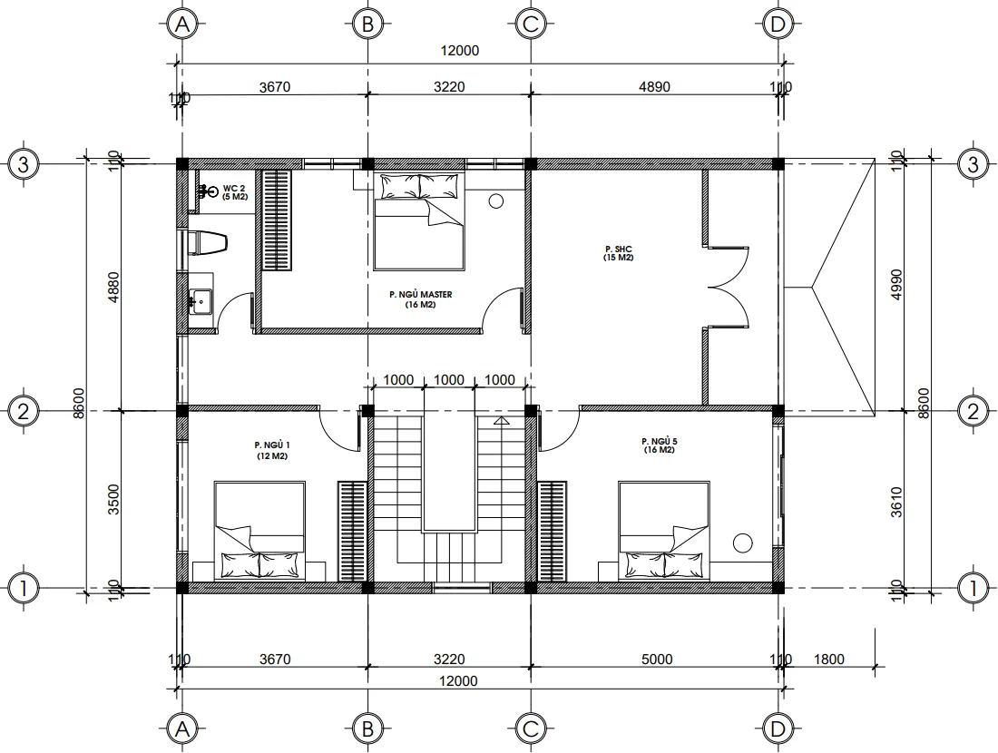 Bản vẽ bố trí công năng tầng 2 mẫu nhà 2 tầng mái Nhật tại Bắc Ninh diện tích 111m2.