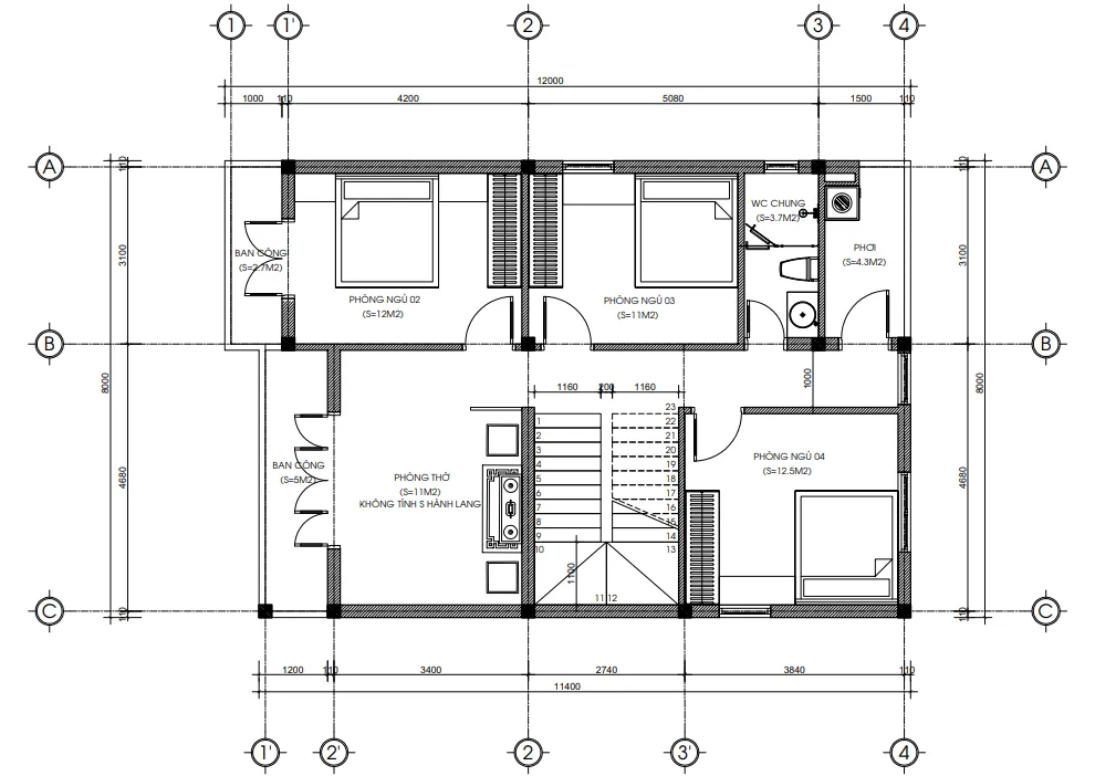 Bản vẽ bố trí công năng tầng 2 mẫu nhà mái Nhật 2 tầng đẹp diện tích 100m2