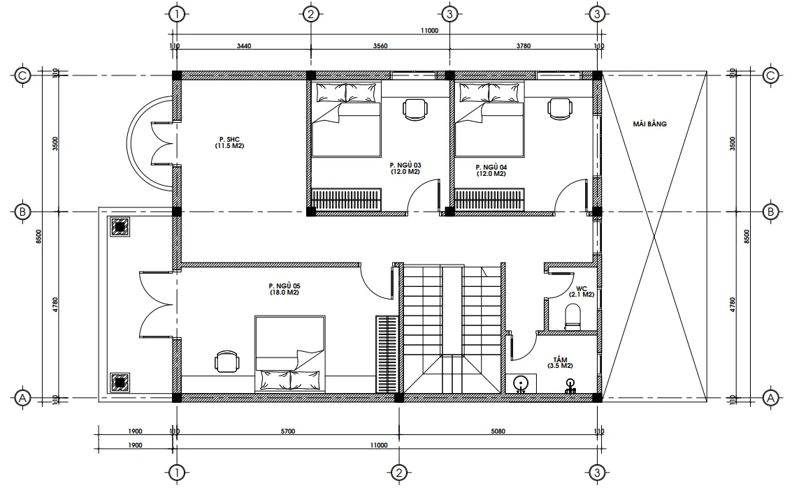 Bản vẽ công năng tầng 2 diện tích 100m2 