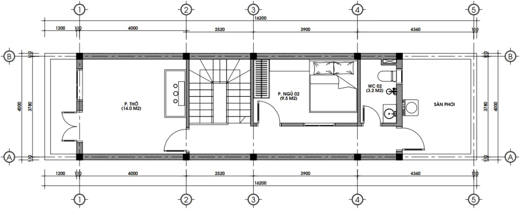 Bản vẽ mặt bằng tầng 2 mẫu nhà ống 2 tầng 4x15m với phòng thờ rộng 14m2
