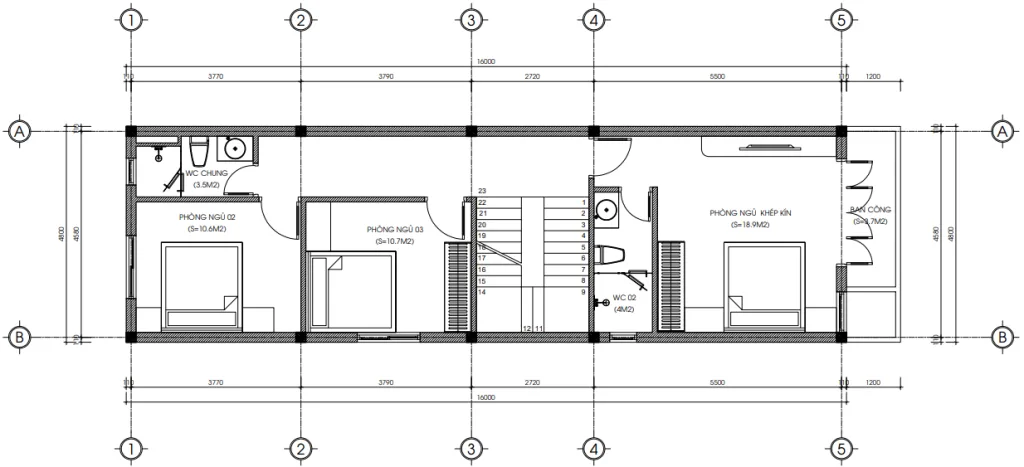 Bản vẽ bố trí công năng tầng 2 mẫu nhà ống 2 tầng 1 tum hiện đại diện tích 82m2 của Techhome.