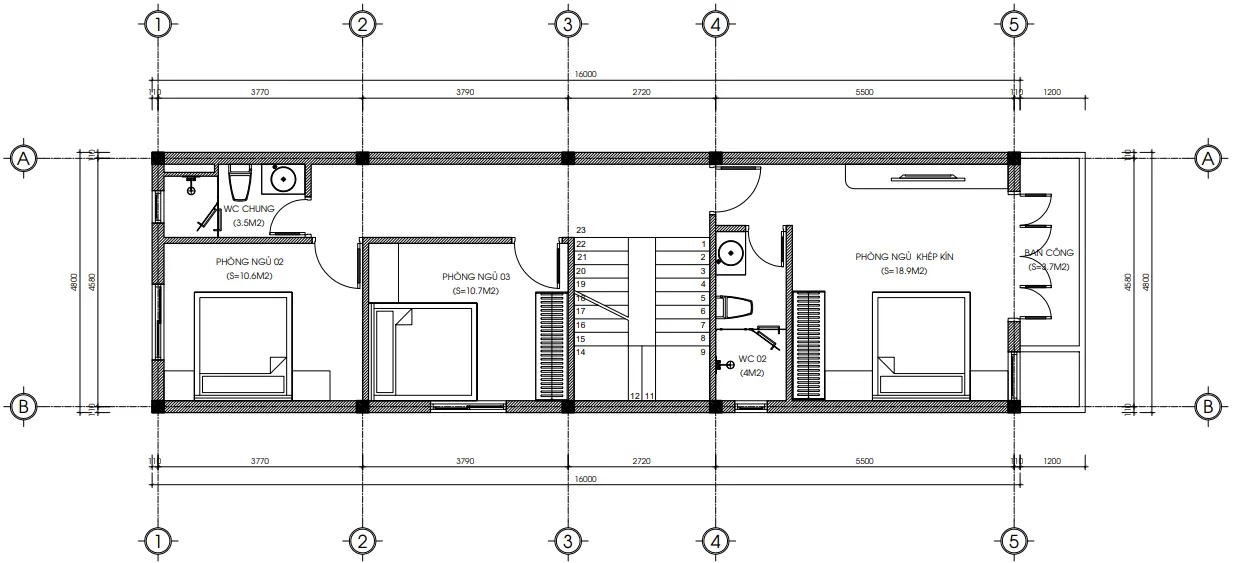 Bản vẽ bố trí công năng tầng 2 mẫu nhà ống 2 tầng 1 tum hiện đại diện tích 82m2 của Techhome.