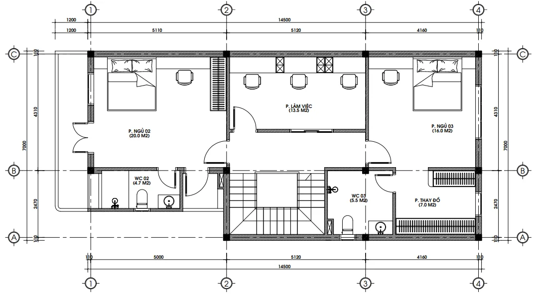 Bản vẽ bố trí công năng tầng 2 mẫu nhà ống 2 tầng 1 tum hiện đại diện tích 95m2.